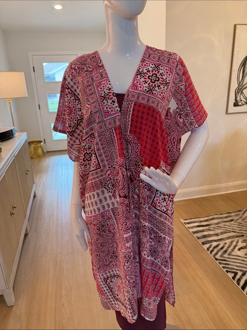 IMAN Pink and White Patchwork Print  Kimono